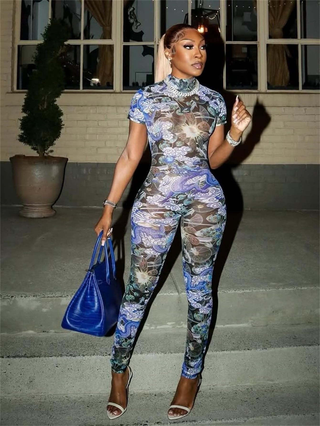 Bawdy Jumpsuits for Women Mesh Print Short Sleeve Bawdycon Jumpsuit