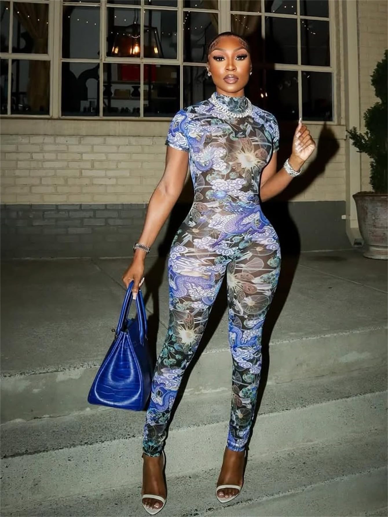 Bawdy Jumpsuits for Women Mesh Print Short Sleeve Bawdycon Jumpsuit