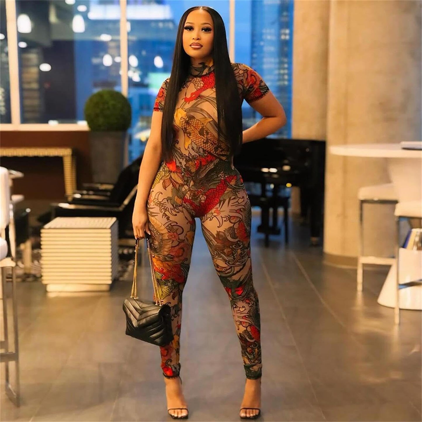 Bawdy Jumpsuits for Women Mesh Print Short Sleeve Bawdycon Jumpsuit
