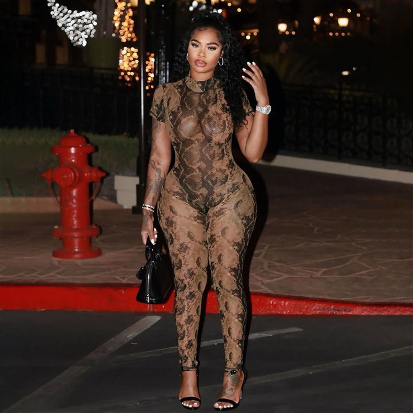 Bawdy Jumpsuits for Women Mesh Print Short Sleeve Bawdycon Jumpsuit