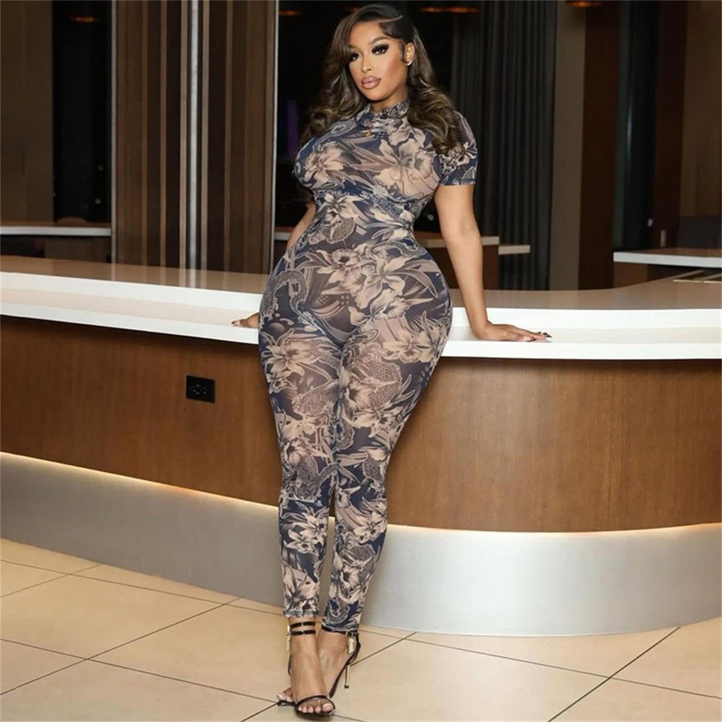 Bawdy Jumpsuits for Women Mesh Print Short Sleeve Bawdycon Jumpsuit