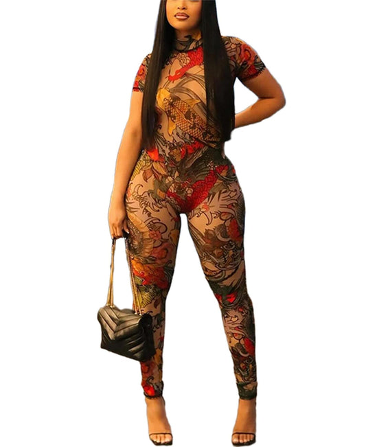 Bawdy Jumpsuits for Women Mesh Print Short Sleeve Bawdycon Jumpsuit